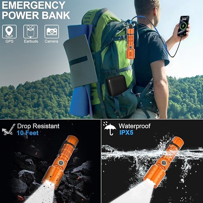 Banral Flashlights High Lumens Rechargeable, Super Bright Long Range Small Powerful Flashlight, 6 Modes LED Tactical Pocket Waterproof Flash Light for Home Emergency (2, Orange)
