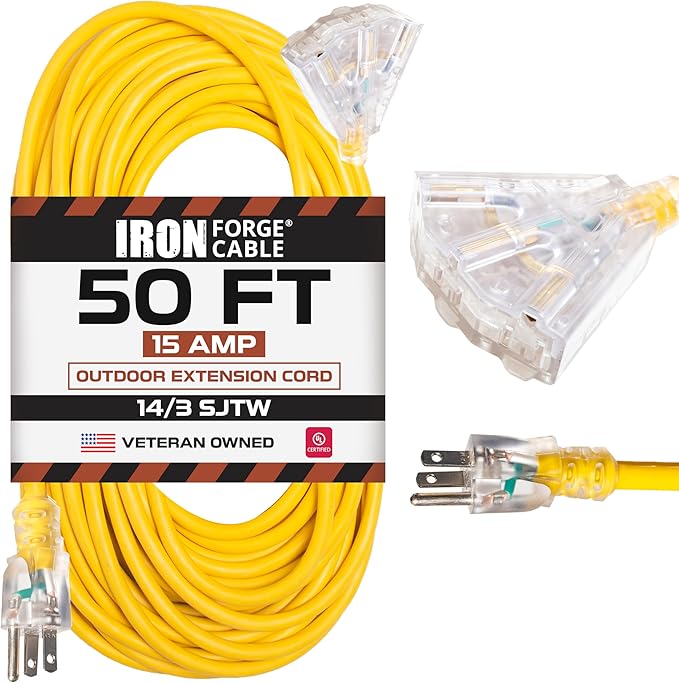 Iron Forge Cable 50ft Yellow Outdoor Extension Cord with 3 Outlets - 14/3 SJTW 15 Amp 50ft Extension Cord 3 Prong - Multiple Outlets with Lighted End