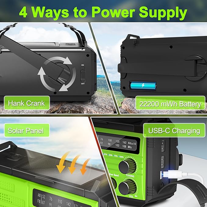 Emergency Radio with Solar & Hand Crank Radio 22200mWh (6000mAh) NOAA Emergency Weather Radio Alert, SOS Alarm, AM/FM, Hand Crank Flashlight, Compass for Tornado, Winter Storm, and Survival Kits