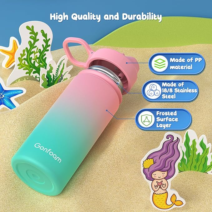 Kids Water Bottle, 2-Pack 16oz Kids Water Bottle with Stickers for School, insulated Stainless Steel Straw Cup(Pink+Blue)