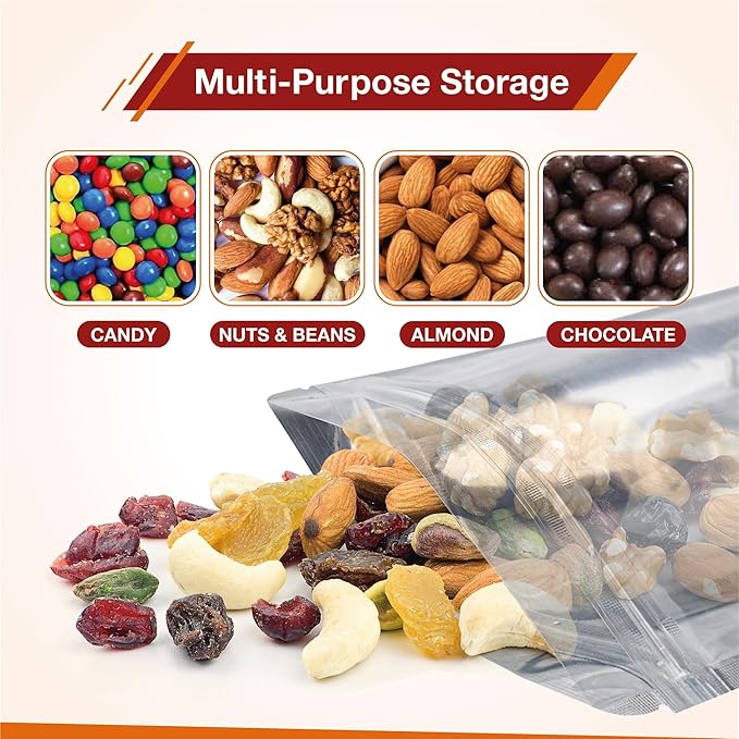 BELLE KR® 5x8 Mylar Bags with Window Stand Up - Pack Of 100, 7.5mil Thick - Clear Front Pint Mylar Bags for Food Storage and Freeze Dried Candy - Bonus Labels Included