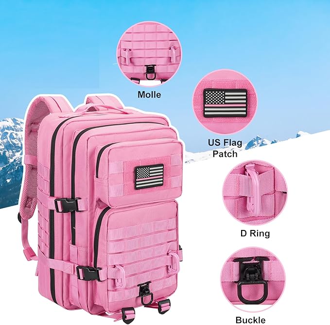 Hannibal Tactical MOLLE Assault Backpack, Tactical Backpack Military Army Camping Rucksack, 3-Day Pack Trip w/USA Flag Patch, D-Rings, Pink