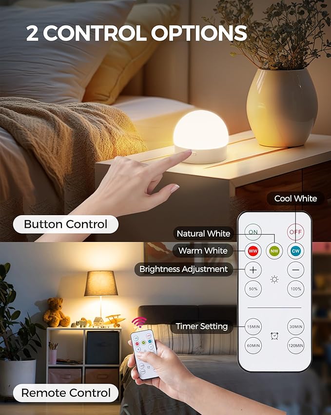 Rechargeable Light Bulbs with Remote Control 2 Packs, Battery Operated Light Bulbs with Timer & 3 Color Temperature, Detachable Wireless LED Bulb for Lamp, E26 Base, Non-Hardwired, W01YBP206