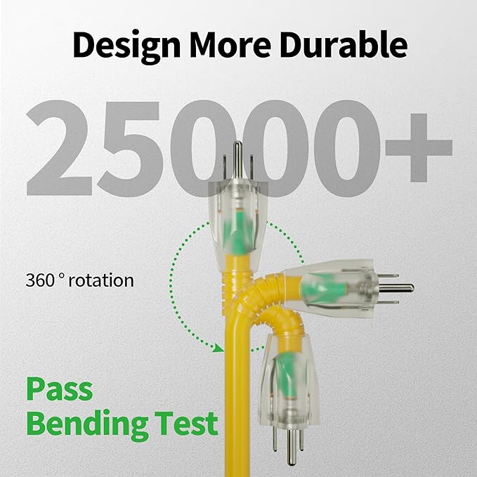 POWGRN 100 Ft 10AWG Outdoor Extension Cord Waterproof Heavy Duty, 3 Prong Flexible Cold-Resistant Long Power Cord Outside with Lighted Indicator End, 15Amp 1875W SJTW, Yellow ETL