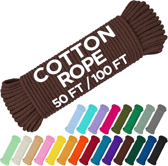 TECEUM Cotton Rope 3/16” (5 mm) – 50 FT – Strong All-Purpose Braided Rope – Natural Cotton – for Crafting, Сamping, Clothes Line, DIY, Indoor & Outdoor Use – Brown