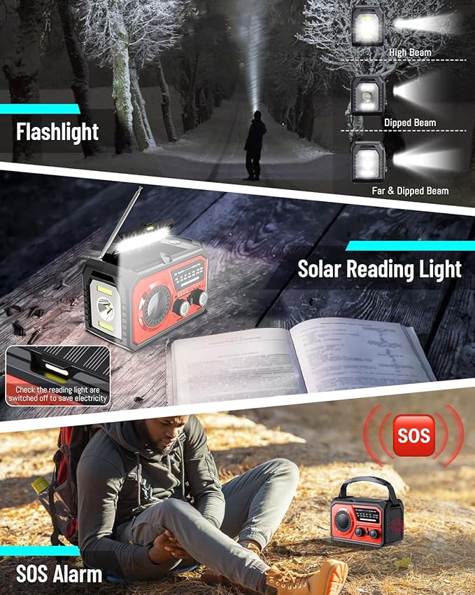16000mAh Emergency Weather Radio, AM/FM/NOAA Weather Alert Radio Hand Crank/Solar/Type-C Fast Rechargeable Outdoor Radio with Reading Lamp/SOS Alarm/3 Mode Flashlight/Power Bank (Red)