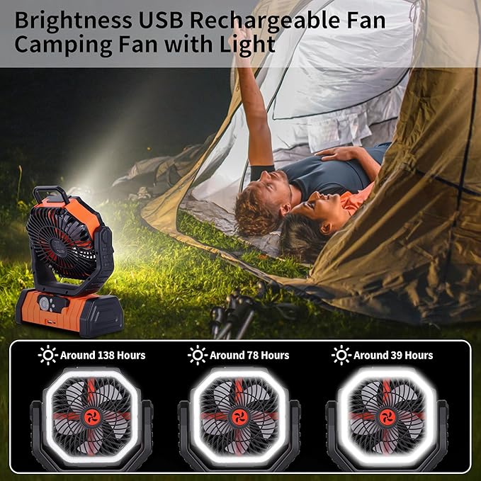 20000mAh Emergency Battery Powered Fan & LED Light, Battery Operated Rechargeable Fan for Power Outage, Car Defrosting, Indoor Use with 360° Oscillating & Hook, 8H Timer, Portable Camping Fan