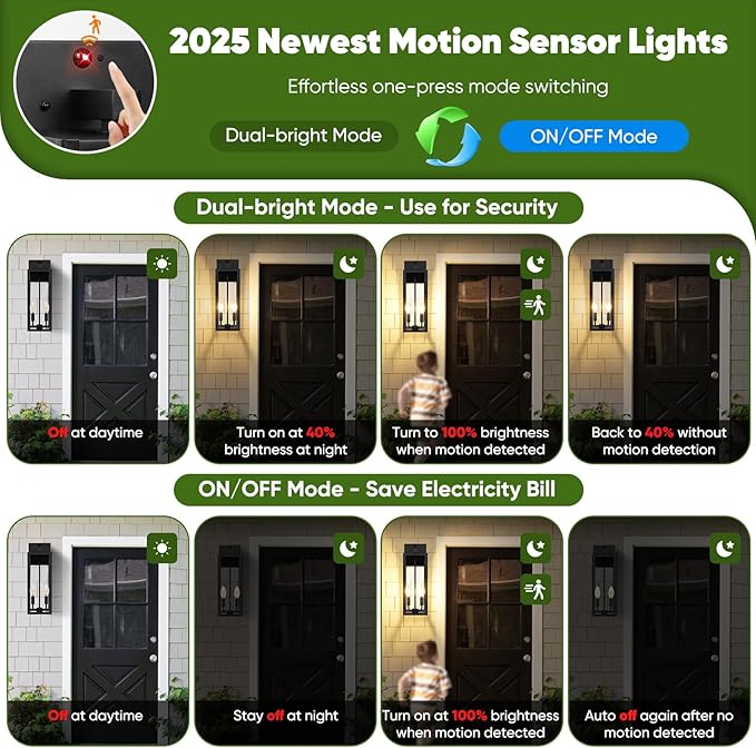 BesLowe Upgraded Motion Sensor Outdoor Wall Light, 18" Large Dusk to Dawn Porch Sconce Lantern, 3 Lighting Modes Exterior Fixture Wall Mount, Black Outside Light for House Garage