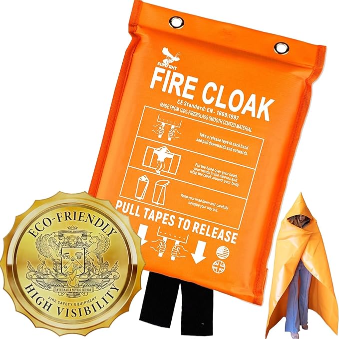 Fire Blanket -Certified 1200F Extra Thick, Glow In The Dark Fireproof Emergency Supplies. 500gsm, 0.5mm Thick Fire Blankets Emergency For Home. Emergency Blanket with Cape and Hood 75"x60" By Supa Ant