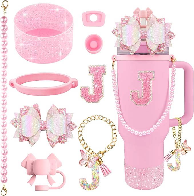 9PCS Pink for Stanley Cup Accessories Set Bling Initials Bow Charms for Stanley Decorations 30/40 Oz Tumbler Accessories Including Bow Straw Topper, Handle Strap, Spill Stopper（Letter J）