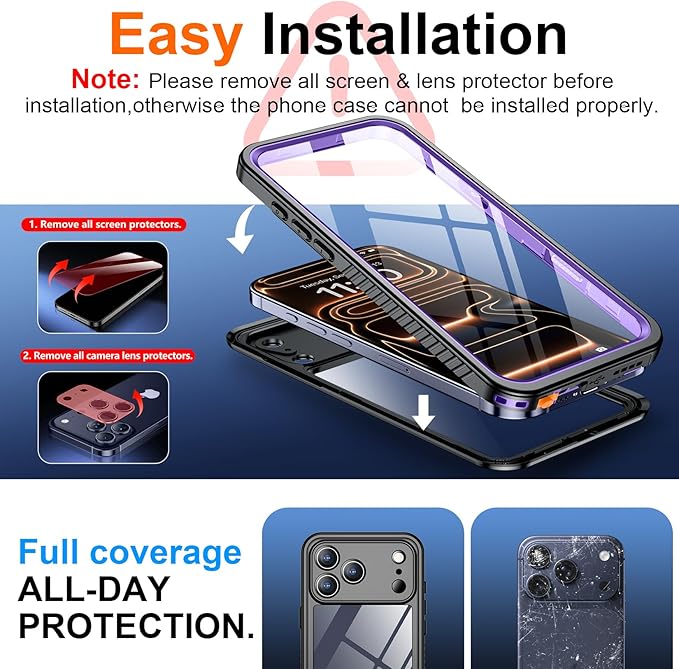 SPIDERCASE for iPhone 17 Pro Max Case Waterproof, Built-in Lens & Screen Protector, Full Heavy Duty Protection, 12FT Military Shockproof, Dustproof, Anti-Scratched Phone Case,Purple/Clear