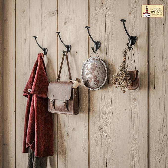 Mystic Colonial Medieval Cast Iron Wall Hooks Pack of 10 (4 in x 3 in) Heavy Duty Dual Hooks for Coats, Hats, Keys & Bags | Rustic Black Metal Hangers | Strong, Sturdy & Decorative Wall Hardware