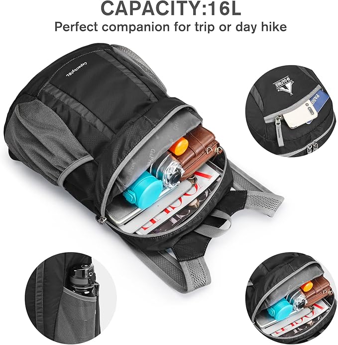 G4Free 16L Hiking Daypack, Lightweight Packable Small Backpack for Travel Camping Outdoor Men Women