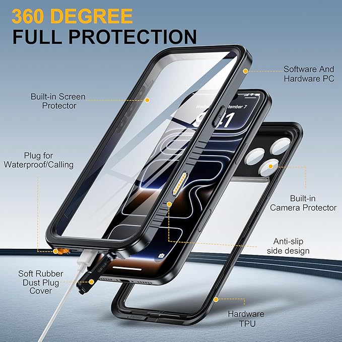 ANTSHARE for iPhone 17 Pro Max Case, IP68 Waterproof Shockproof Case, [Built-in Screen Protector] - 12 FT Military Dropproof - Full Body Heavy Duty Rugged Phone Cover 6.9 inches - Black/Clear