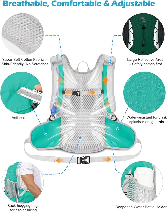 Hydration Backpack with 2L Water Bladder - Lightweight 15L Daypack with Phone-Sized Hip Belt Pockets, Anti-Chafe Cotton Edging & No-Bounce Straps - Small Water Backpack for Hiking, Running, Skiing