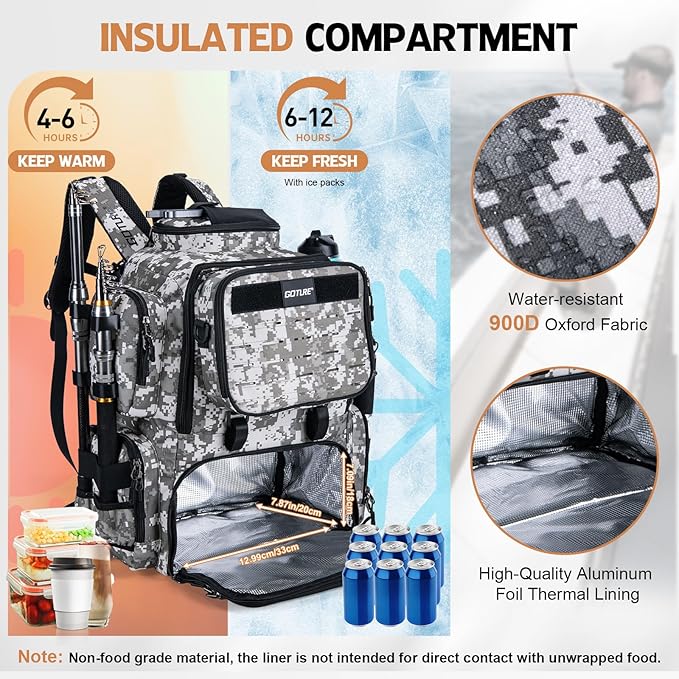 Goture Fishing Backpack, 58L 900D Water-Resistant Insulated Tackle Backpack with Cooler, Rod Holders, 8 Lure Pockets, Detachable Crossbody Bag, Gear Storage Large Fishing Bag for Camping Hiking