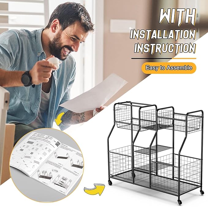 Garage Sports Equipment Organizer with Wheels - Ball Storage Rack with Elastic Rope or Wire Mesh,Garage Organizer System,Indoor/Outdoor Sports Rack for Sports Gear and Toys Storage,Black