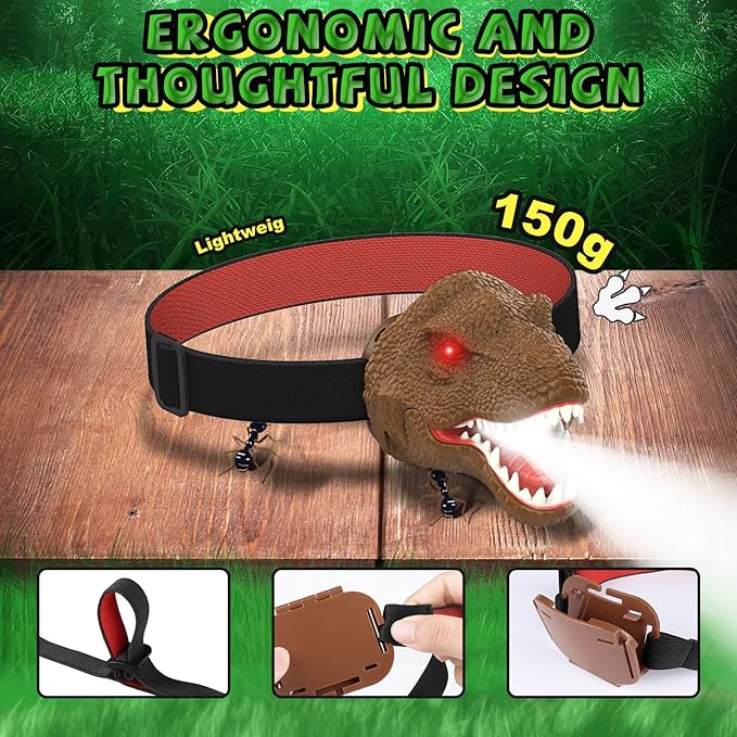Nitigo Dinosaur Headlamp for Kids Flashlight Led Headlights Roar & Silent Mode, T-Rex Dinosaur Toys for Kids 3-5 4-6 5-7 6-8, Camping Gear, Valentines Day Gifts for Boys Girls Adults