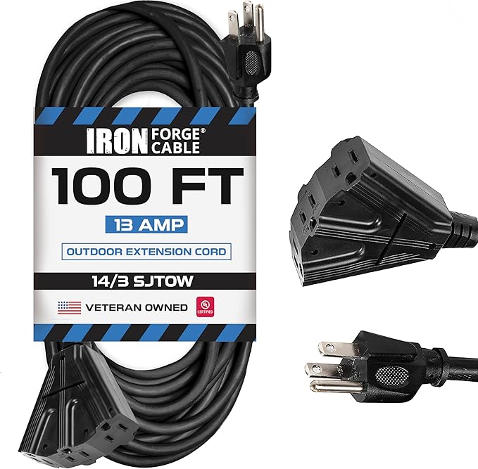 Iron Forge Cable 14 Gauge Outdoor Extension Cord 100 Ft with 3 Power Outlets, SJTOW 14/3 Heavy Duty Black 3 Prong, Oil Resistant & Flame Retardant