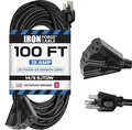 Iron Forge Cable 14 Gauge Outdoor Extension Cord 100 Ft with 3 Power Outlets, SJTOW 14/3 Heavy Duty Black 3 Prong, Oil Resistant & Flame Retardant