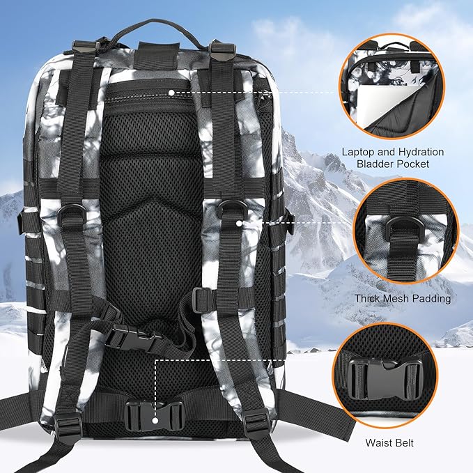 Hannibal Tactical MOLLE Assault Backpack, Tactical Backpack Military Army Camping Rucksack, 3-Day Pack Trip w/USA Flag Patch, D-Rings, Black White camo