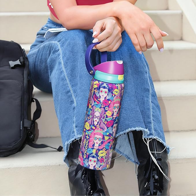 ENCOOL Leakproof Insulated Water Bottle with Straw Dual-Sip Water Bottle Bag-Safe Design for Work, Commute & Gym – Keeps Drinks Cold All Day, 24 oz, Pastel Cool
