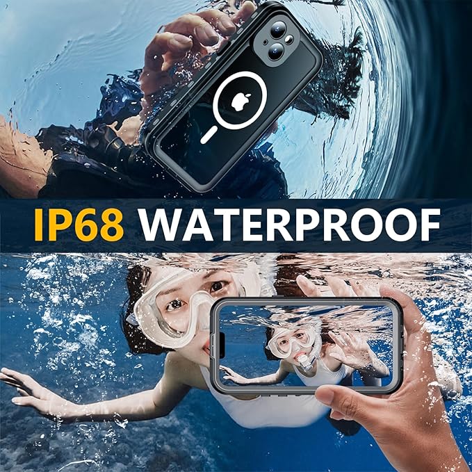 Red2Fire for iPhone 15 Case Waterproof, [Built-in Screen Protector & Camera Protector][Compatible with MagSafe][Full Body Shockproof][IP68 Waterproof][Dustproof] Phone Case 6.1" Black/Clear