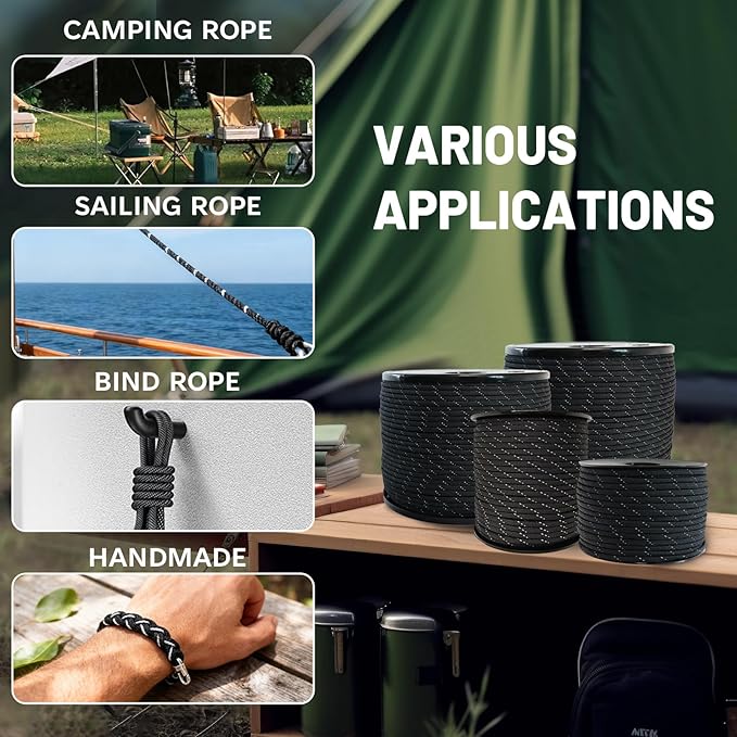 SDHUATUO Paracord Rope 100FT, 550lb Type III Nylon Parachute Cord 7-Strand Core with Reflective Strips, Utility String for Survival, Camping Gear, Hiking, DIY, Crafting, Outdoor, Black