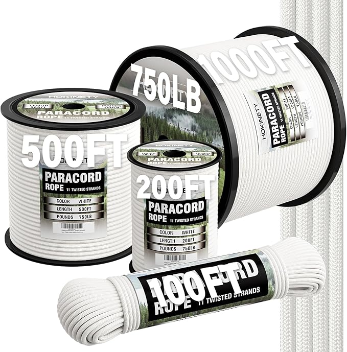 Paracord Rope 750 - Parachute para Cord 4mm 11 Strand Spool Rope Utility Nylon String for Outdoor Camping Survival Utility Tent Crafting DIY Projects - White 100ft