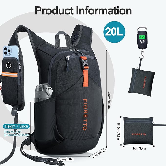 FIORETTO 20L Hiking Backpack for Women Men Mini Packable Backpack Lightweight Small Daypack for Camping Travel Outdoor, Black