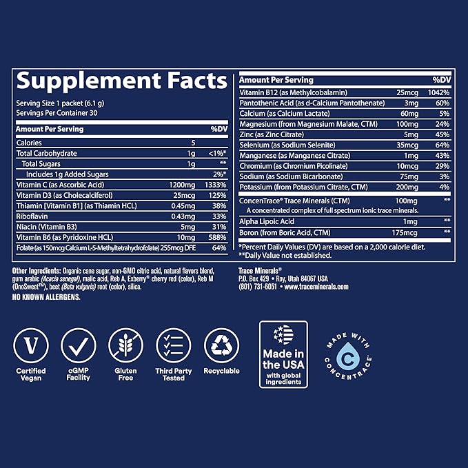 Trace Minerals | Power Pak Electrolyte Powder Packets | 1200 mg Vitamin C, Zinc, Magnesium | Boost Immunity, Hydration and Natural Energy | Watermelon | 30 Packets