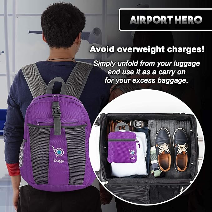 Bago Lightweight Small Hiking Backpack for Women and Men - 25L Travel Day Pack - Foldable Hiking Daypack Ultralight for Camping Outdoor Sports - Day Bag Packable Backpack for Travel (Purple)