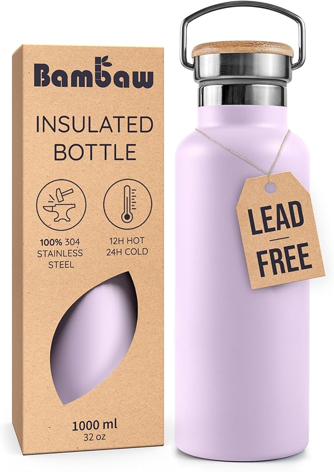 Bambaw Insulated Water Bottle 32 oz, Leak-Proof Water Bottle Stainless Steel, Keeps Drinks Cold for 24h Cold and Hot for 12h, With a Wide Mouth for Easy Cleaning & To Fit a Tea Infuser (Lavender Haze)