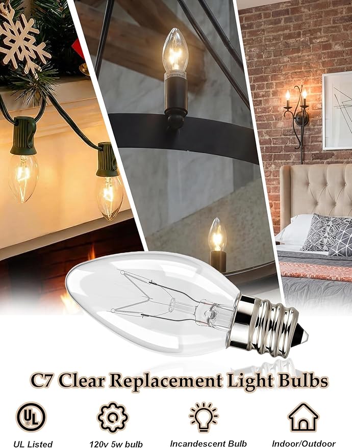25 Pack C7 Clear Replacement Bulbs, C7 Outdoor Candle Light Bulbs, Night Candle Light for Indoor Outdoor Patio Bistro Party Decor Christmas String Light, E12 Candelabra Base, 5W