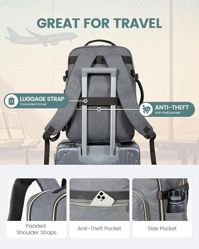 LOVEVOOK Travel Backpack for Women & Men 40L,Airline Approved Carry On Backpack Travel Essentials,TSA Carry on Luggage,Waterproof Personal Item Travel Bag,Suitcase with 3 Packing Cubes,Gray-Black