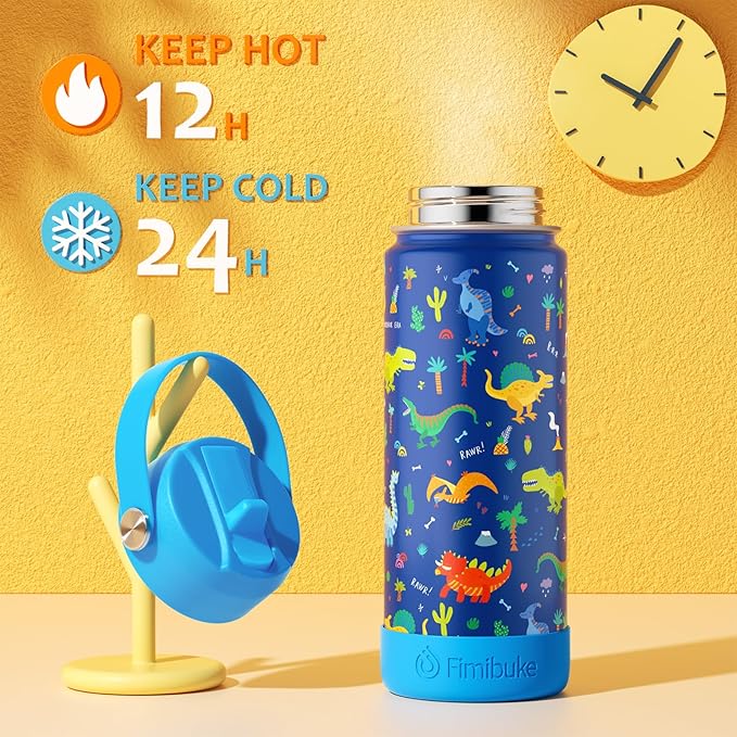Fimibuke Kids Insulated Water Bottle, 18oz BPA FREE 18/8 Stainless Steel Kids Cup with Straw Travel Tumbler Double Wall Vacuum Leak Proof Toddler Water Bottle for School Boys Girls(1 Pack, Trucks)