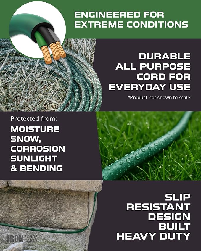 Iron Forge Cable Weatherproof 75 Ft Outdoor Extension Cord - 16/3 SJTW Heavy Duty Green Extension Cord 3 Prong - 10 Amp Exterior Power Cable