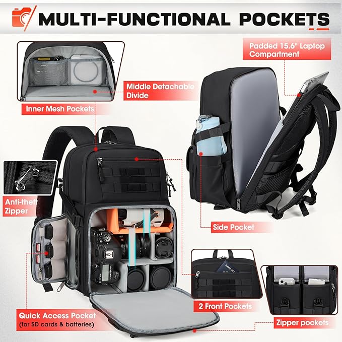 RAINSMORE Camera Bag Backpack for DSLR/SLR/Mirrorless Camera Bags for Photographers 15.6 Inch Waterproof Tactical Photography Case with Rain Cover & Tripod Holder, Black
