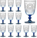 XUWAIDSGN 12Pcs Plastic Vintage Wine Glasses 13.5oz Reusable Embossed Goblet Glasses Blue Gradient Retro Wine Glassware Unbreakable Stemmed Champagne Water Cups for Wine Cocktail Juice Wedding