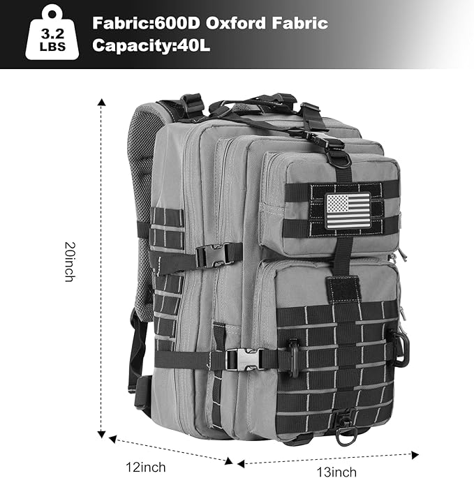 Hannibal Tactical MOLLE Assault Backpack, Tactical Backpack Military Army Camping Rucksack, 3-Day Pack Trip w/USA Flag Patch, D-Rings Grey and Black