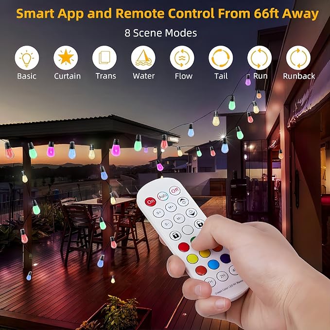 Outdoor String Lights 49ft, Outdoor Lights for Patio String Lights for Outside with 15 Dimmable LED Bulbs IP66 Waterproof, Shatterproof,APP Control & Remote Customizable Colors for Backyard Decor