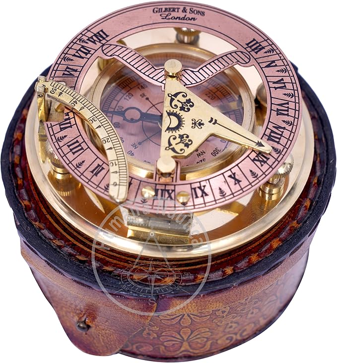 Humaira Nautical Vintage Brass Sundial Compass with Copper Dial & Leather Box Handmade Sun Clock Maritime Navigation Compass Gift