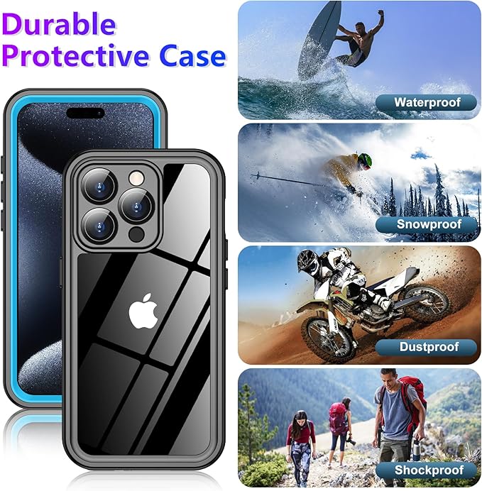 Red2Fire 2025 New for iPhone 15 Pro Case Waterproof, [Full Body Shockproof] [IP68 Underwater][Dustproof][Dropproof] Phone Case for iPhone 15 Pro 6.1" Blue/Clear