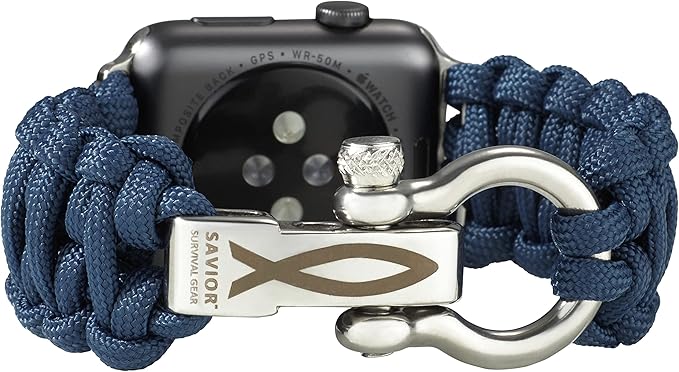 Savior Survival Gear Paracord Band,Compatible with Apple Watch Band 49mm 46mm 45mm 44mm 42mm,iWatch Band Series Ultra 10 9 8 7 6 5 4 3 2 1 SE,Adjustable strap for men (Dark Blue w/Silver Clasp,Large)