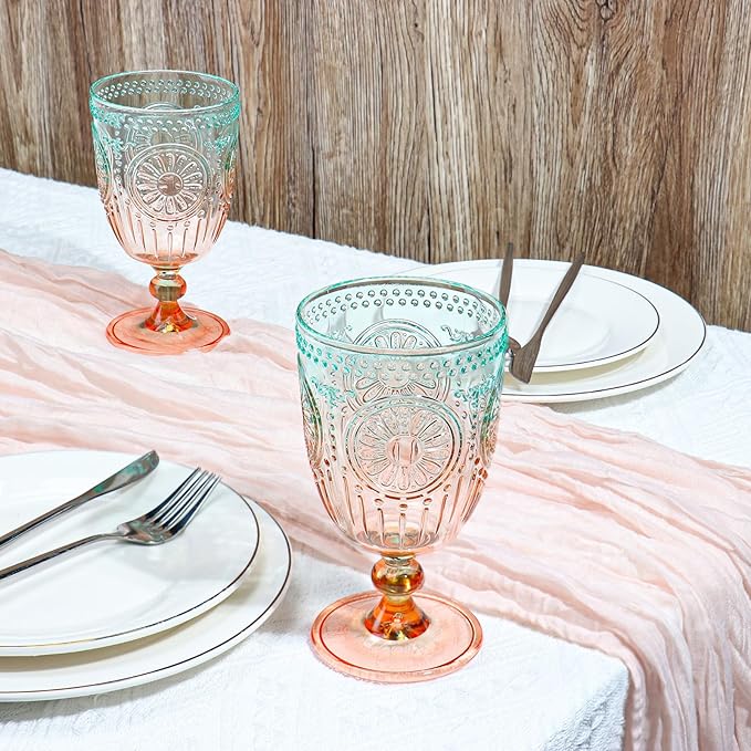 XUWAIDSGN 12Pcs Plastic Vintage Wine Glasses 13.5oz Reusable Embossed Goblet Glasses Green Orange Gradien Retro Wine Glassware Unbreakable Stemmed Champagne Water Cups for Cocktail Juice Wedding, bach