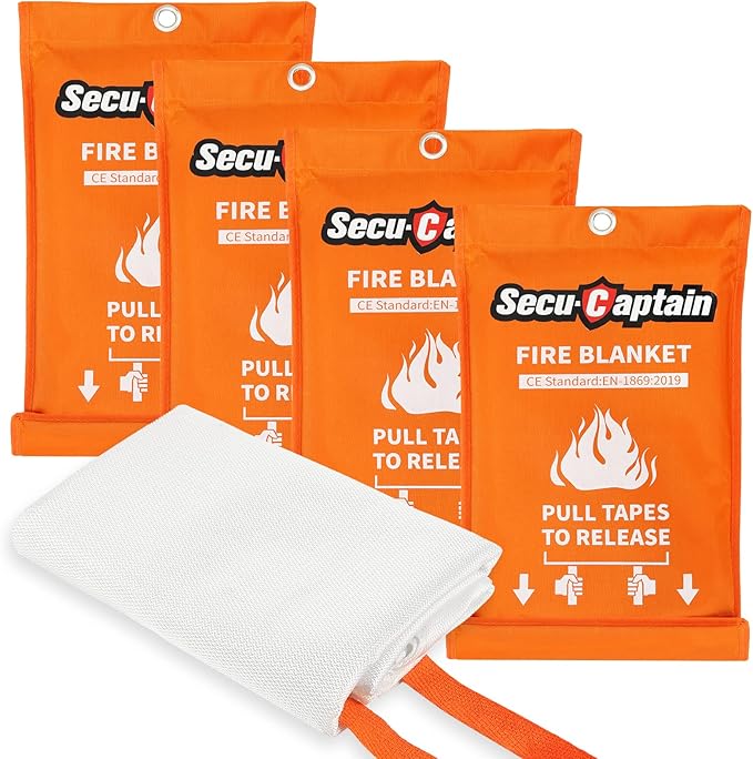 SecuCaptain Emergency Fire Blanket for Home and Kitchen - 4 Pack 40"x40" Flame Supppression Fiberglass Fire Blankets for House Camping Car Office Warehouse Survival Safety