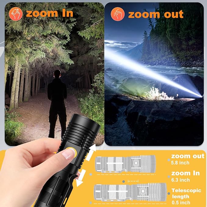 Hoxida Rechargeable Magnetic Flashlight High Lumens - 1500 Meters Long Beam Super Bright LED Tactical Flashlight with Holster USB Zoomable 5Modes Small Long Beam Spotlight Flashlight for Camping