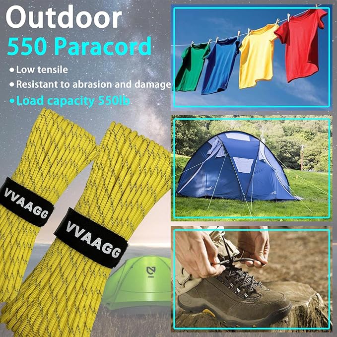 VVAAGG Reflective Paracord Rope 100FT, 7 Strand Nylon para Cord Lanyard Utility 550 Parachute Cord, 4mm Thin Tent Rope for Outdoor Camping Hiking