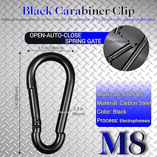 30 Pack 3" Heavy Duty Spring Snap Hook Carabiners, M8 5/16" Galvanized Steel Black Carabiner Clip, Quick Link Keychain for Hammock Swing Set Outdoor Travel Camping Fishing Hiking