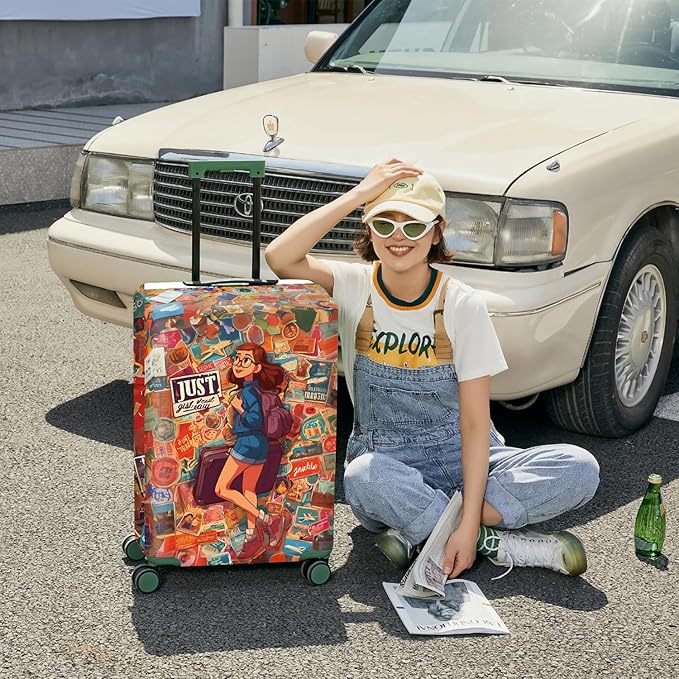 ANNA QUEEN Vintage Travel Stickers Gir Luggage Cover -Stretchable Airplane Suitcase Protector Sleeve,Universal Washable Fit for 28-30 Inch Checked Baggage,Water Resistant Durable Luggage Protector